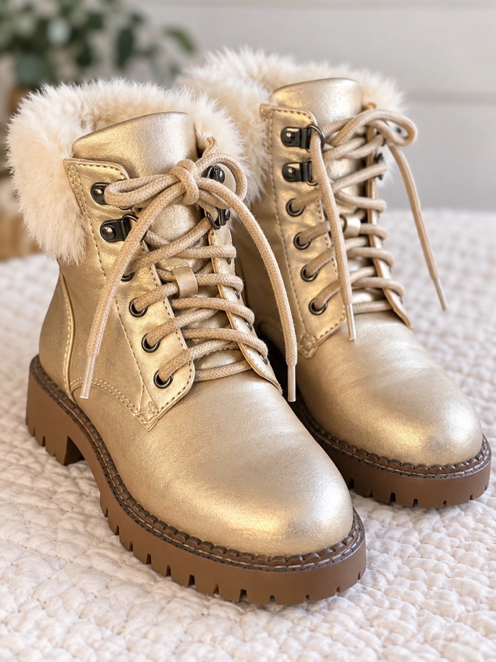 ESPRIT Metallic Gold Combat Boots Faux Fur Trim Lace-Up Size 6